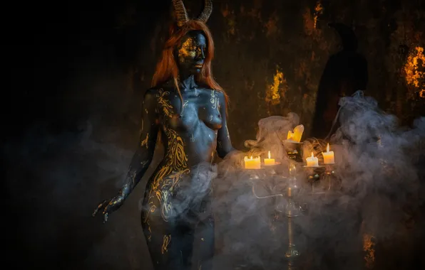 Chest, girl, magic, candles, horns