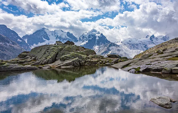 Clouds, Reflection, Mountains, Lake, Switzerland, Alps