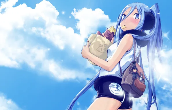 Shorts, headphones, package, girl, emblem, keychain, backpack, blue hair