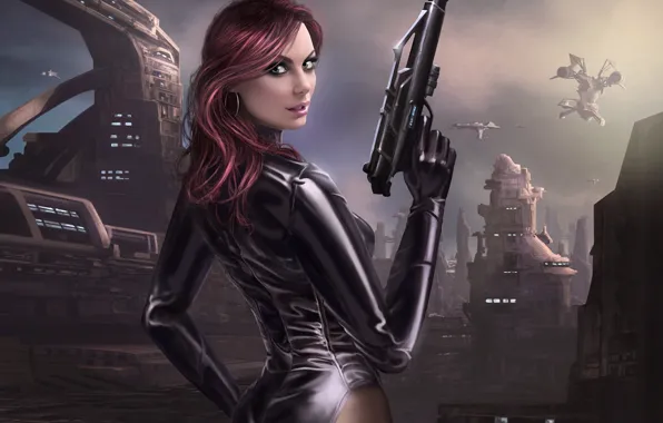 Picture gun, weapons, planet, ships, station, art, base, girl. back