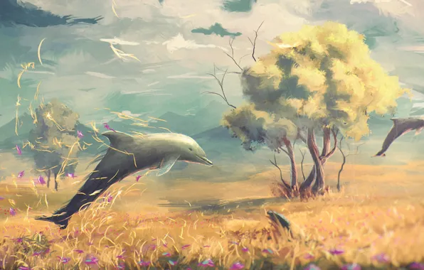 Picture field, flowers, fantasy, tree, art, dolphins