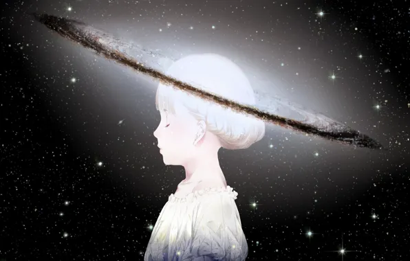 Picture the sky, girl, space, stars, planet, head, anime, art