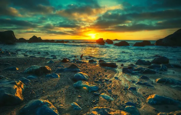 Sea, sunset, stones, shore