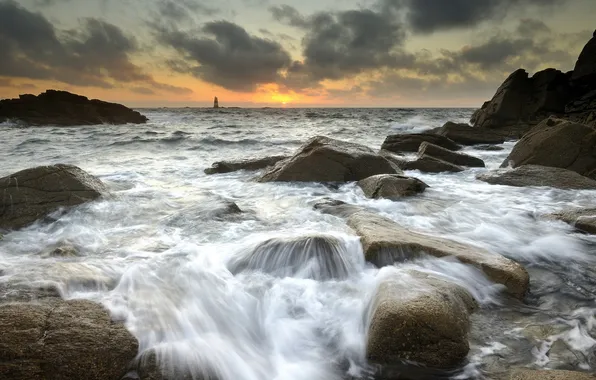 Sea, landscape, sunset, stones