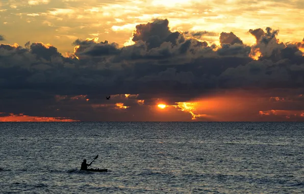 Sea, landscape, sunset, boat