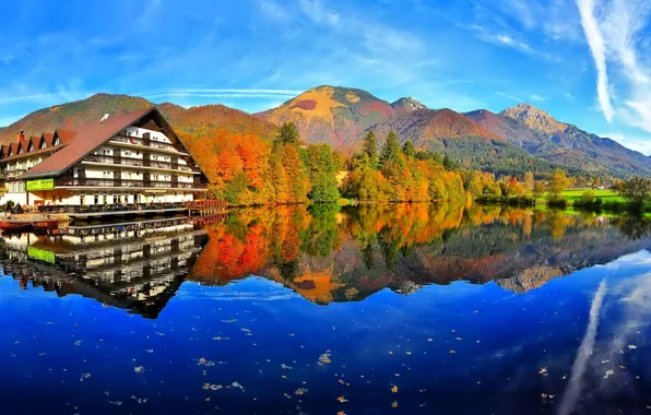Picture autumn, the sky, mountains, lake, house, the hotel