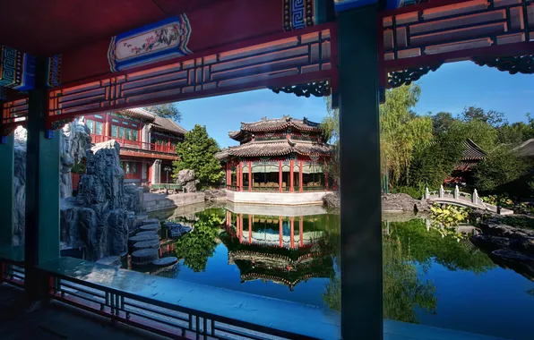 Picture style, water, decoration, Oriental buildings