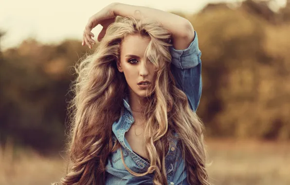 Look, pose, background, portrait, makeup, hairstyle, blonde, shirt