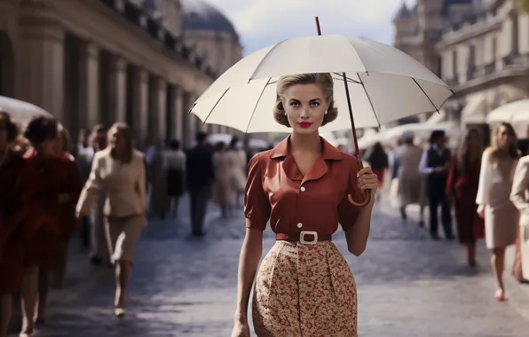 Road, girl, the city, retro, street, people, building, skirt