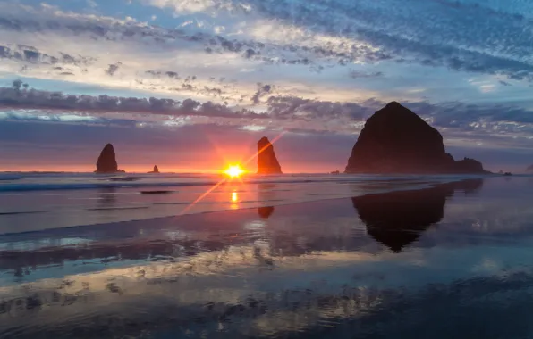 Sunset, rocks, coast, Oregon, Oregon, Pacific Ocean, The Pacific ocean, Haystack Rock
