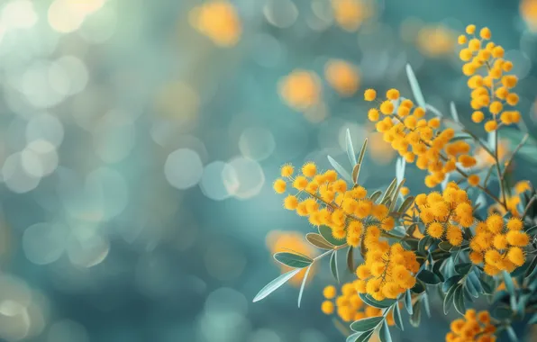 Flowers, branches, bouquet, spring, yellow, flowering, blue background, bokeh