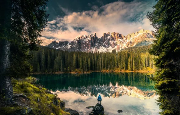 Picture forest, the sky, clouds, snow, mountains, lake, people