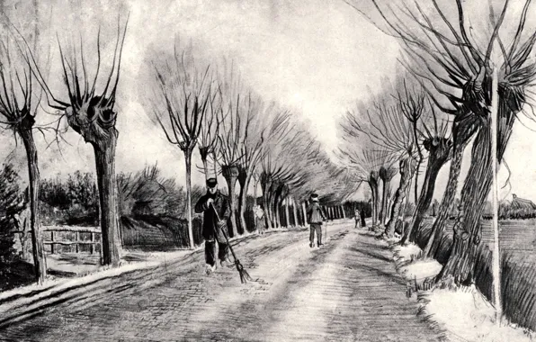 Picture Vincent van Gogh, black and white, and Man with Broom, Road with, Pollard Willows, a …