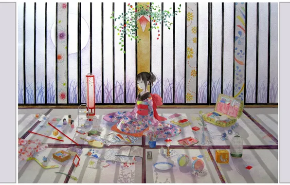 Flowers, room, Japanese, toys, the ball, cell, pencils, drawings