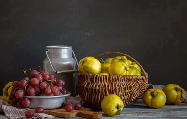 Basket, grapes, quince, cans