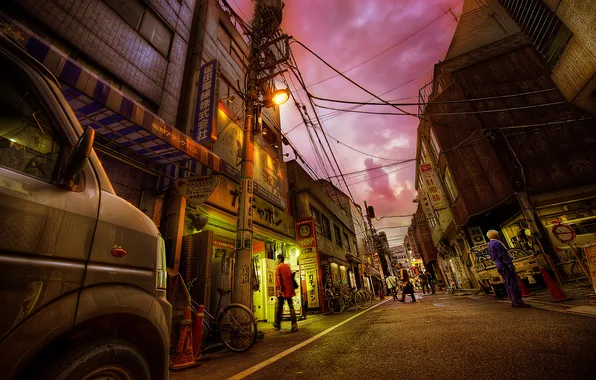 The city, street, the evening, lantern, passers-by