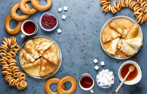 Tea, the tea party, Cup, plates, sugar, bagels, bowl, honey