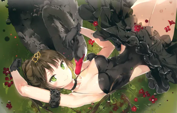 Crown, neckline, gloves, corset, ballerina, on the grass, green eyes, black swan