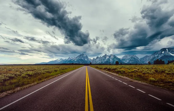 Road, field, the sky, clouds, mountains, horizon