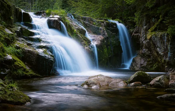 Forest, rock, river, stones, waterfall, Czech Republic, cascade, Czech Republic
