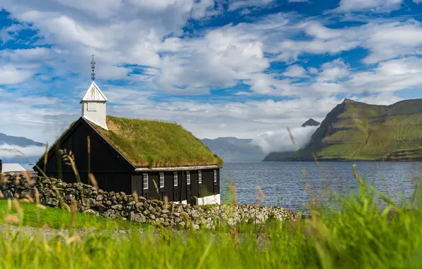 Sea, greens, summer, the sky, grass, clouds, mountains, blue