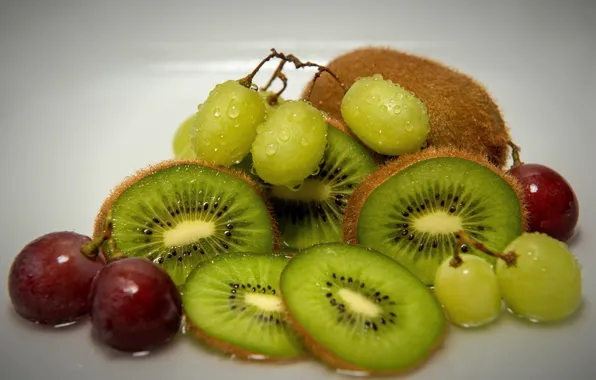 Water, drops, kiwi, grapes, fruit, slices, slices