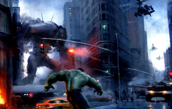 The city, fire, building, robot, tank, helicopter, Hulk