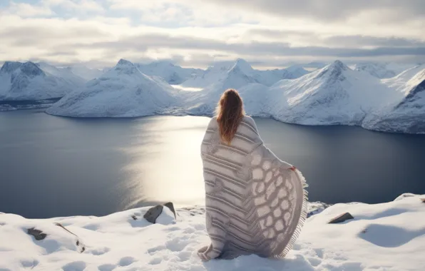 Cold, winter, girl, snow, mountains, nature, back, view
