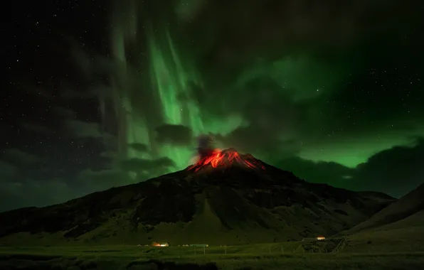 Picture the sky, stars, mountains, night, Northern lights, the volcano, lava, Iceland