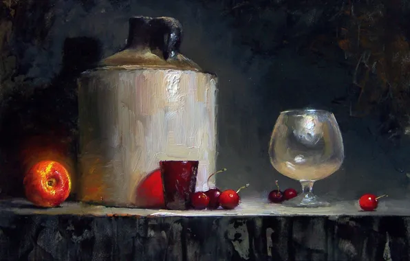 Light, cherry, glass, berries, table, background, dark, glass