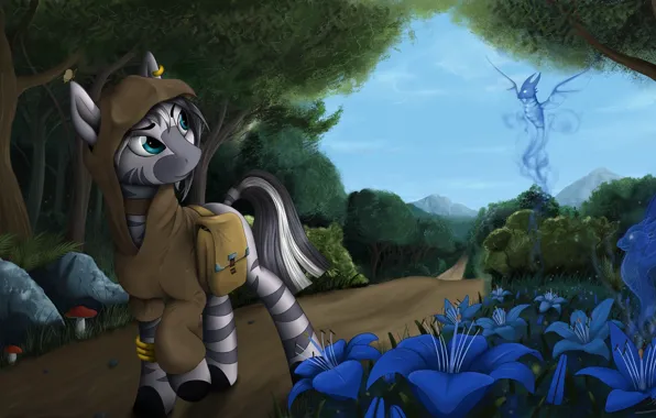 Forest, flowers, trail, Zebra, pony, blue, Deviantart, My Little Pony