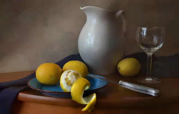Picture lemon, glass, plate, knife, dishes, still life, the milkman