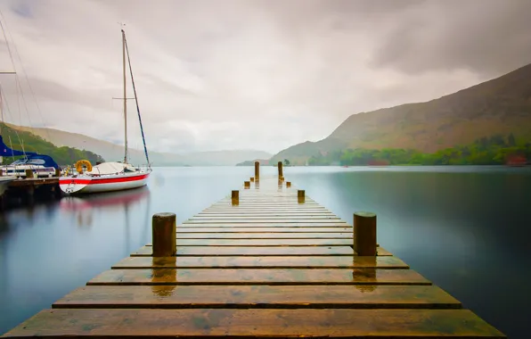 The sky, mountains, lake, boat, yacht, the bridge