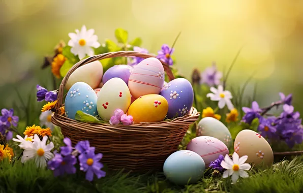 Flowers, basket, glade, eggs, spring, colorful, Easter, happy