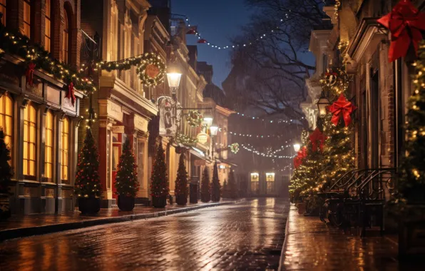 Picture winter, snow, decoration, night, the city, lights, street, tree