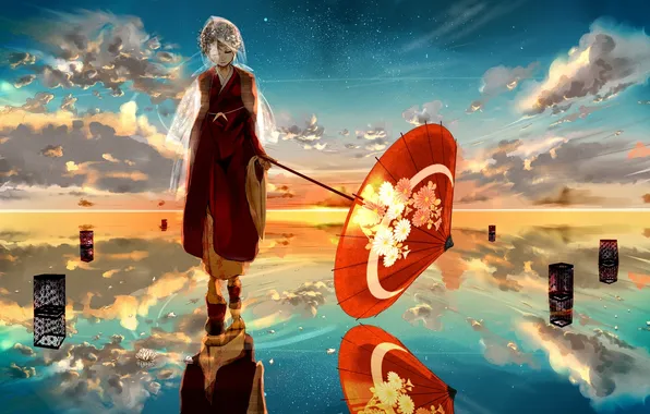 The sky, water, girl, clouds, sunset, reflection, umbrella, anime