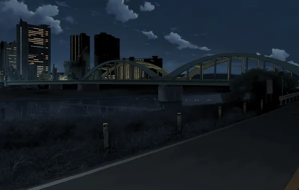 Road, clouds, night, bridge, the city, city lights, night bridge