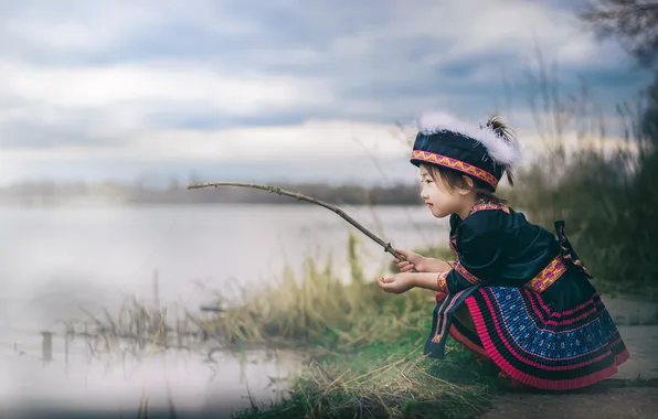 Picture river, fishing, girl