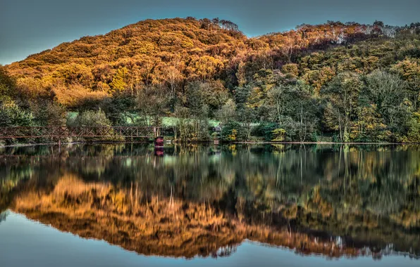 Picture autumn, forest, bridge, lake, reflection, hills, England, England