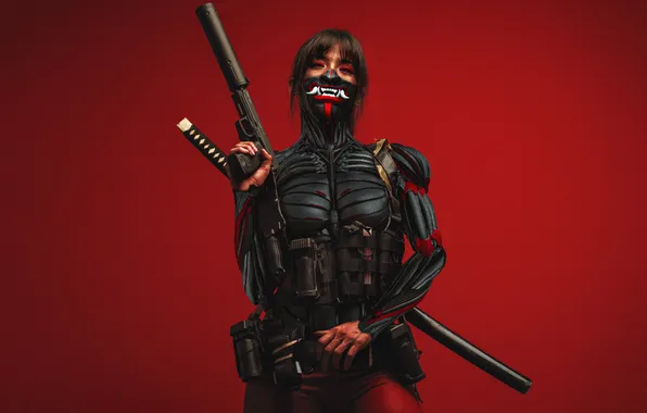 Girl, sword, katana, brunette, mask, red, sword, pistol