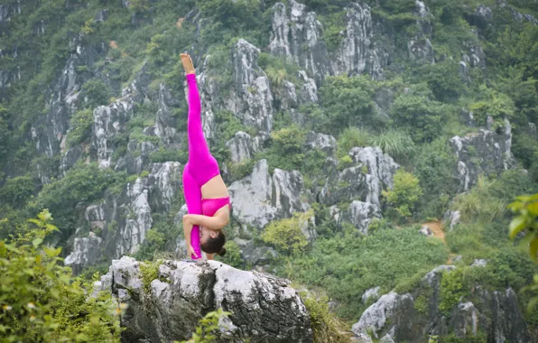 Girl, nature, pose, background, gymnastics, yoga, harmony