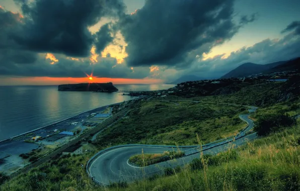 Road, sea, clouds, sunset, turn