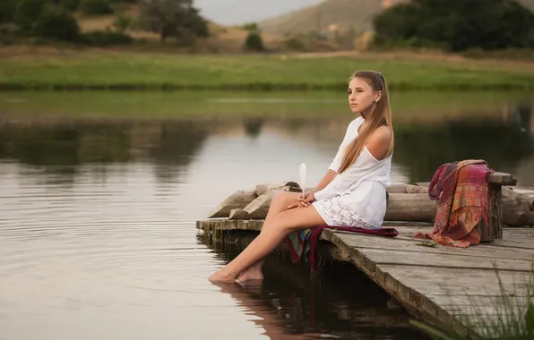 Picture girl, landscape, pose, river, model, portrait, makeup, pier