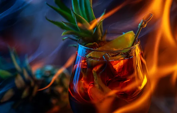 Glass, light, fire, flame, glass, cocktail, drink, pineapple