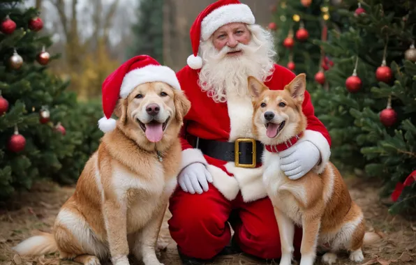 Dogs, Christmas, New year, Santa Claus, Santa Claus, friends, two dogs, Christmas trees