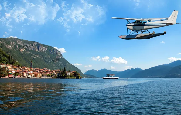 The sky, the sun, clouds, mountains, lake, rocks, home, boat