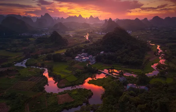 The sky, clouds, mountains, river, China, field, home, China