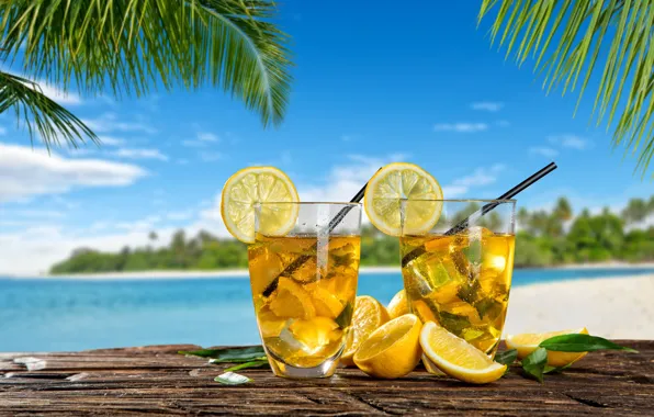 Ice, sea, summer, palm trees, lemon, lemonade