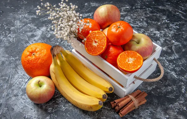Flowers, table, apples, oranges, bananas, boxes, fruit, cinnamon