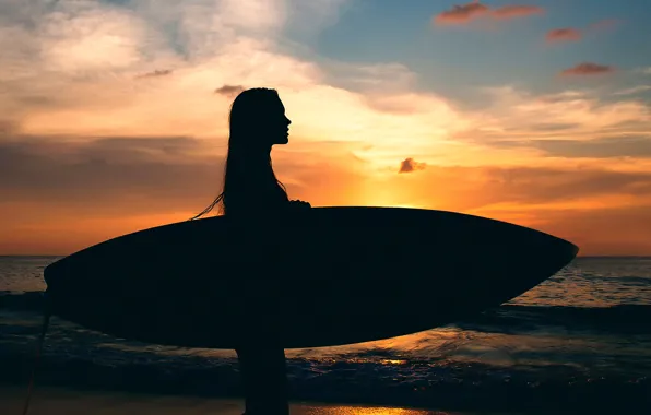 Girl, sunset, silhouette, Board, surfing, MAVRIN